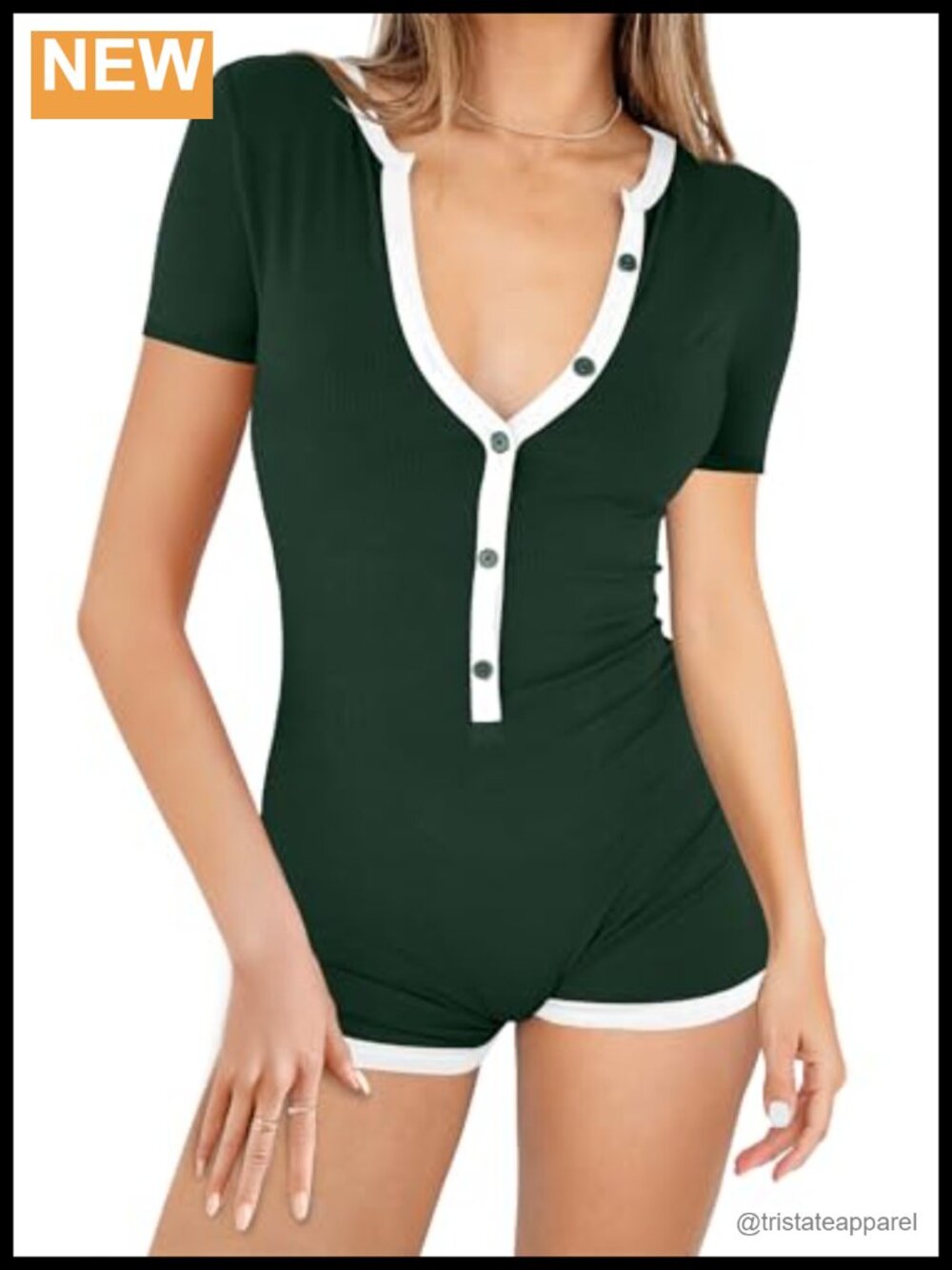 Women's Short Sleeve V-Neck Romper with Button Front and Elastic Waist